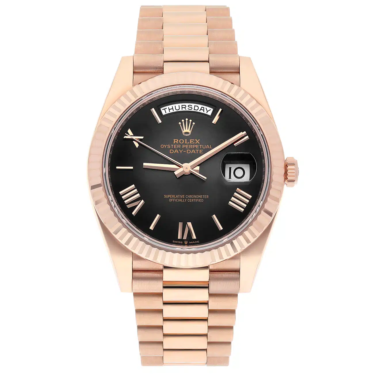 Rolex Day Date 228235-0055 "Oscars" Slate Ombré dial Dial Fluted Bezel 18k Rose Gold Watch
