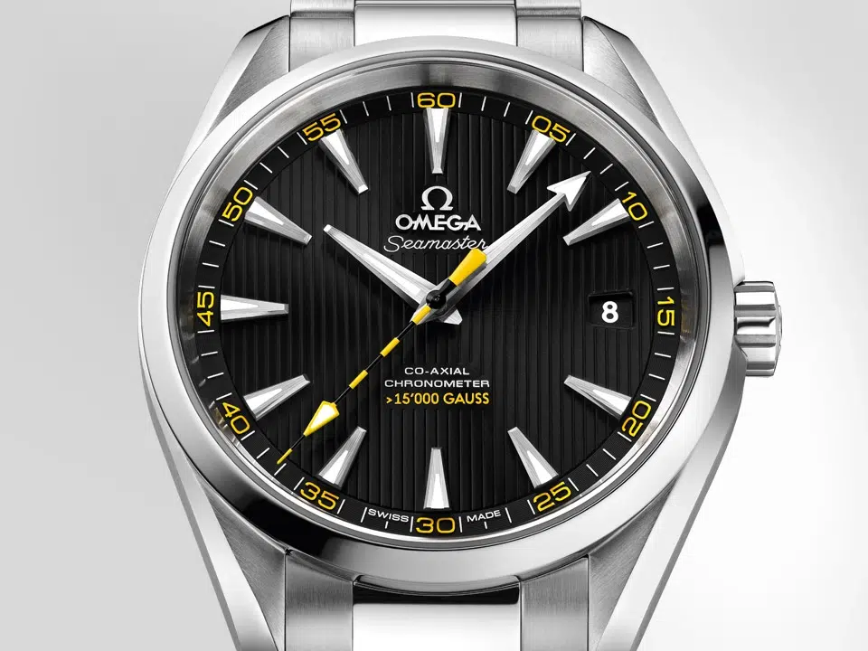 Elegant black dial with yellow accents