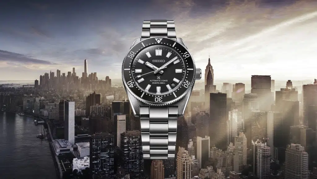 Seiko watch against city skyline backdrop