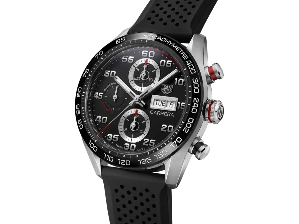 Sleek black chronograph with rubber strap