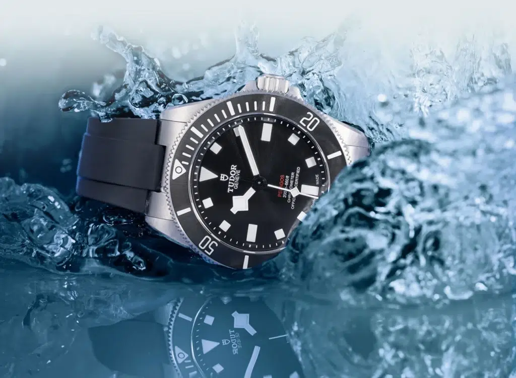 Tudor watch splashing in water