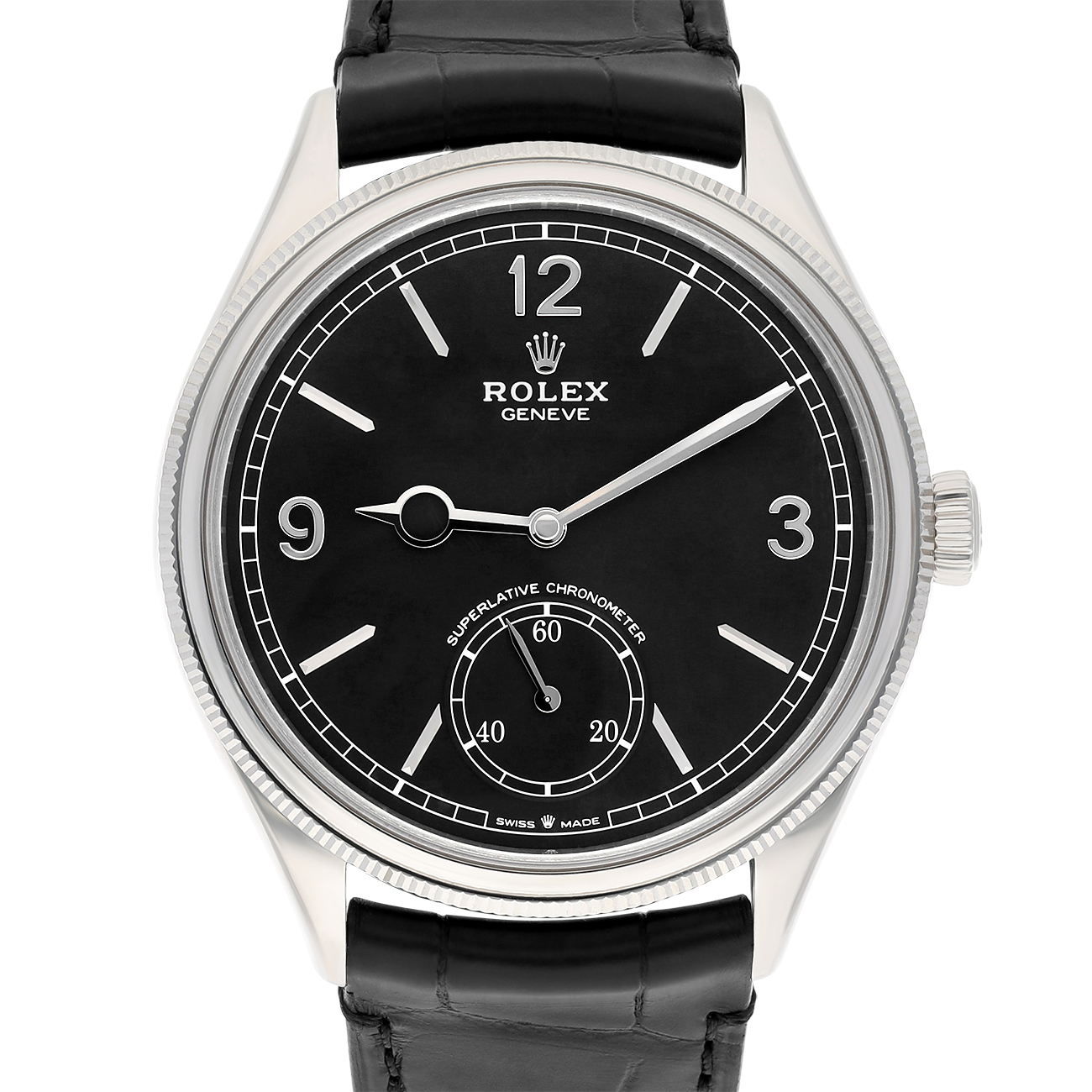 Rolex 1908 - M52509-0002 Alligator Leather Strap Domed And Fluted Bezel Black Index Arabic Dial White Gold Watch