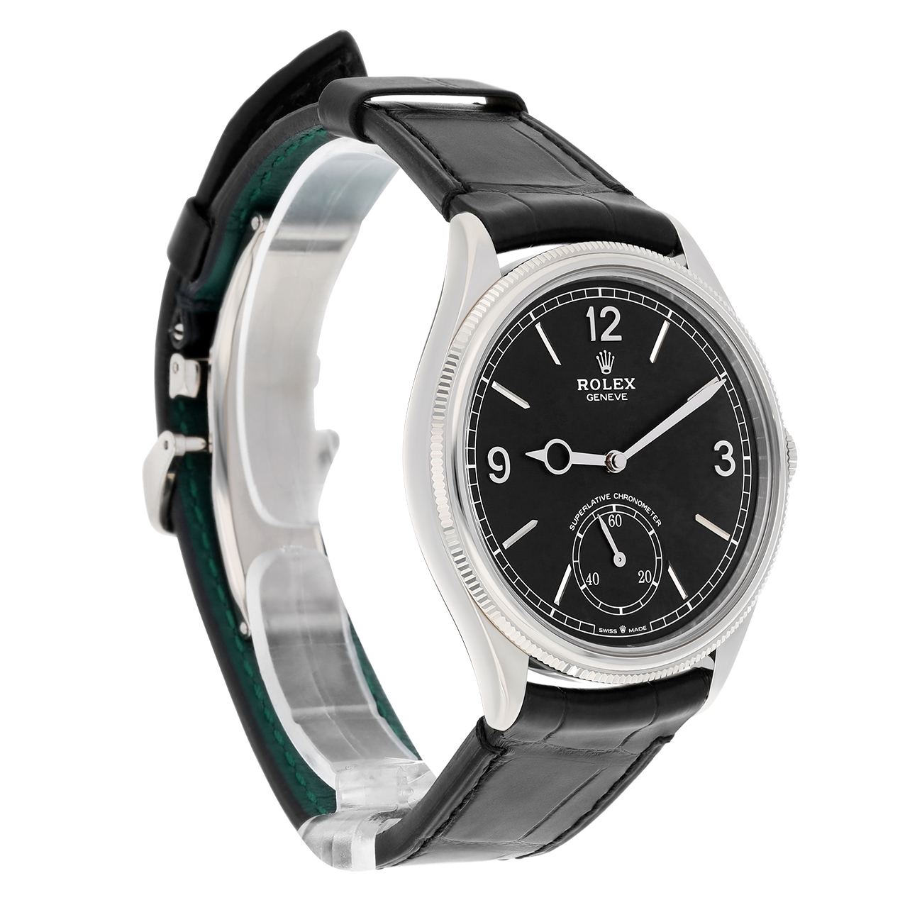 Rolex 1908 - M52509-0002 Alligator Leather Strap Domed And Fluted Bezel Black Index Arabic Dial White Gold Watch