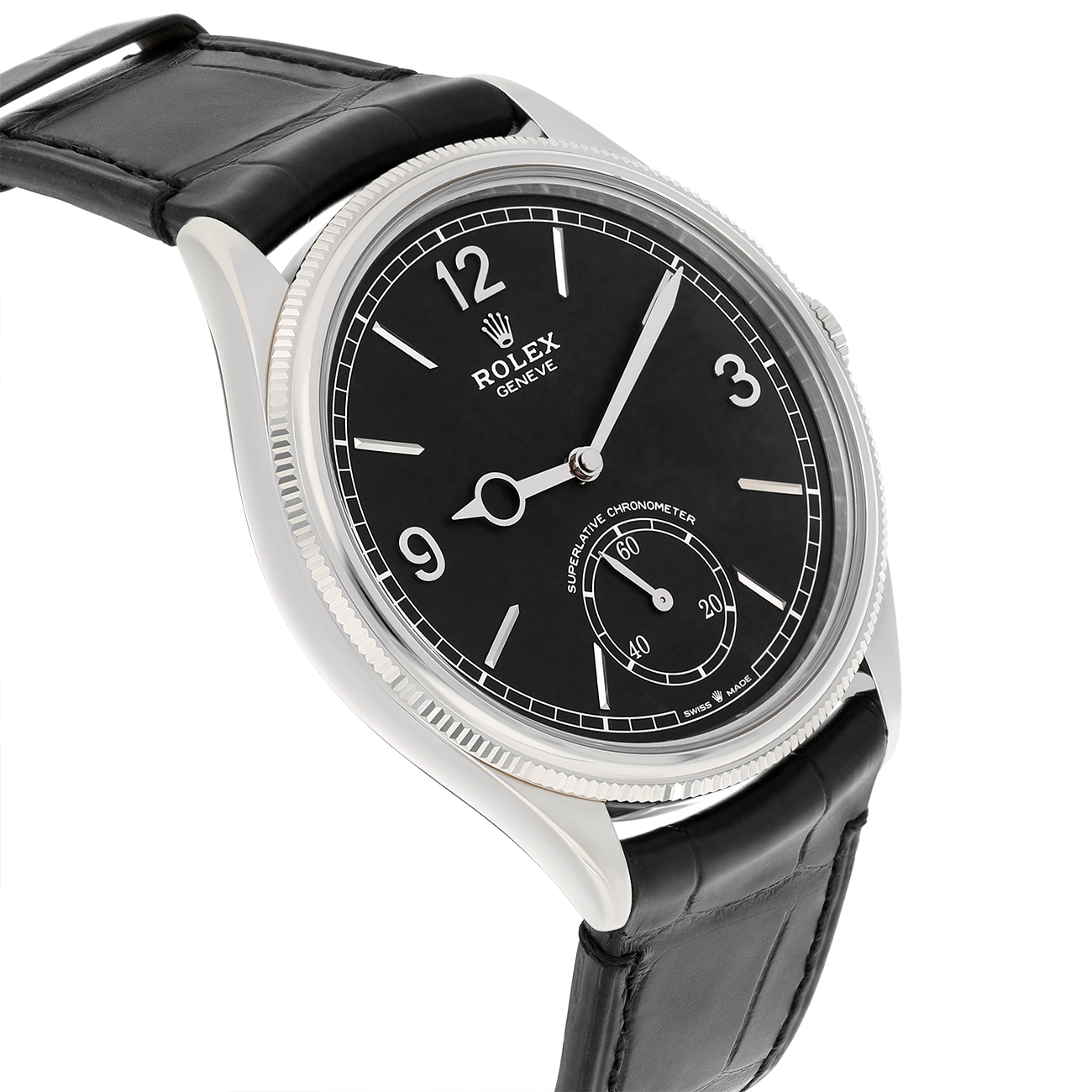 Rolex 1908 - M52509-0002 Alligator Leather Strap Domed And Fluted Bezel Black Index Arabic Dial White Gold Watch