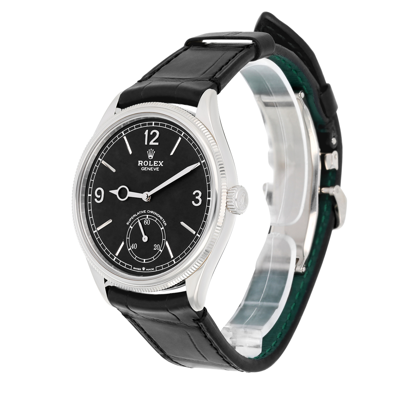 Rolex 1908 - M52509-0002 Alligator Leather Strap Domed And Fluted Bezel Black Index Arabic Dial White Gold Watch