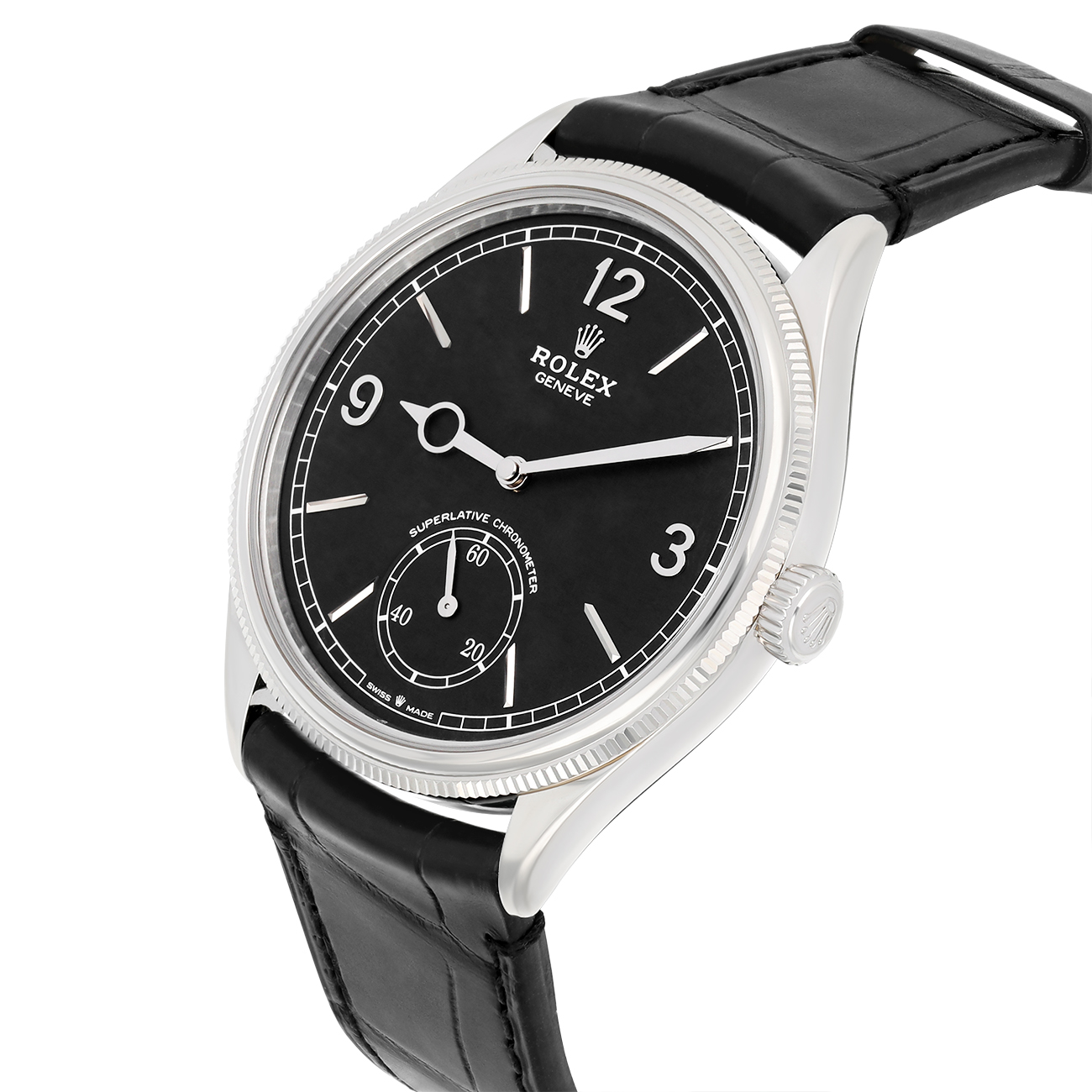 Rolex 1908 - M52509-0002 Alligator Leather Strap Domed And Fluted Bezel Black Index Arabic Dial White Gold Watch