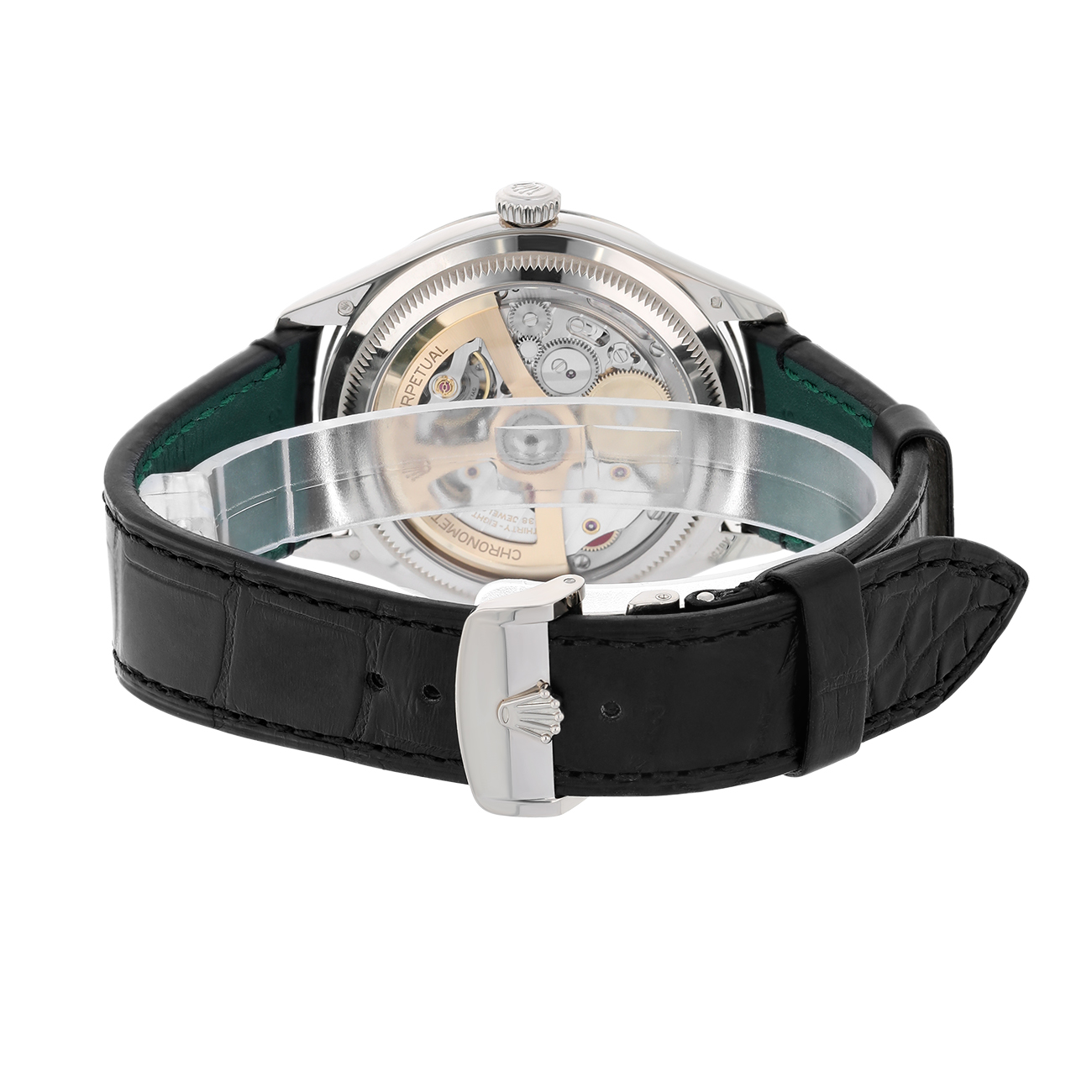 Rolex 1908 - M52509-0002 Alligator Leather Strap Domed And Fluted Bezel Black Index Arabic Dial White Gold Watch