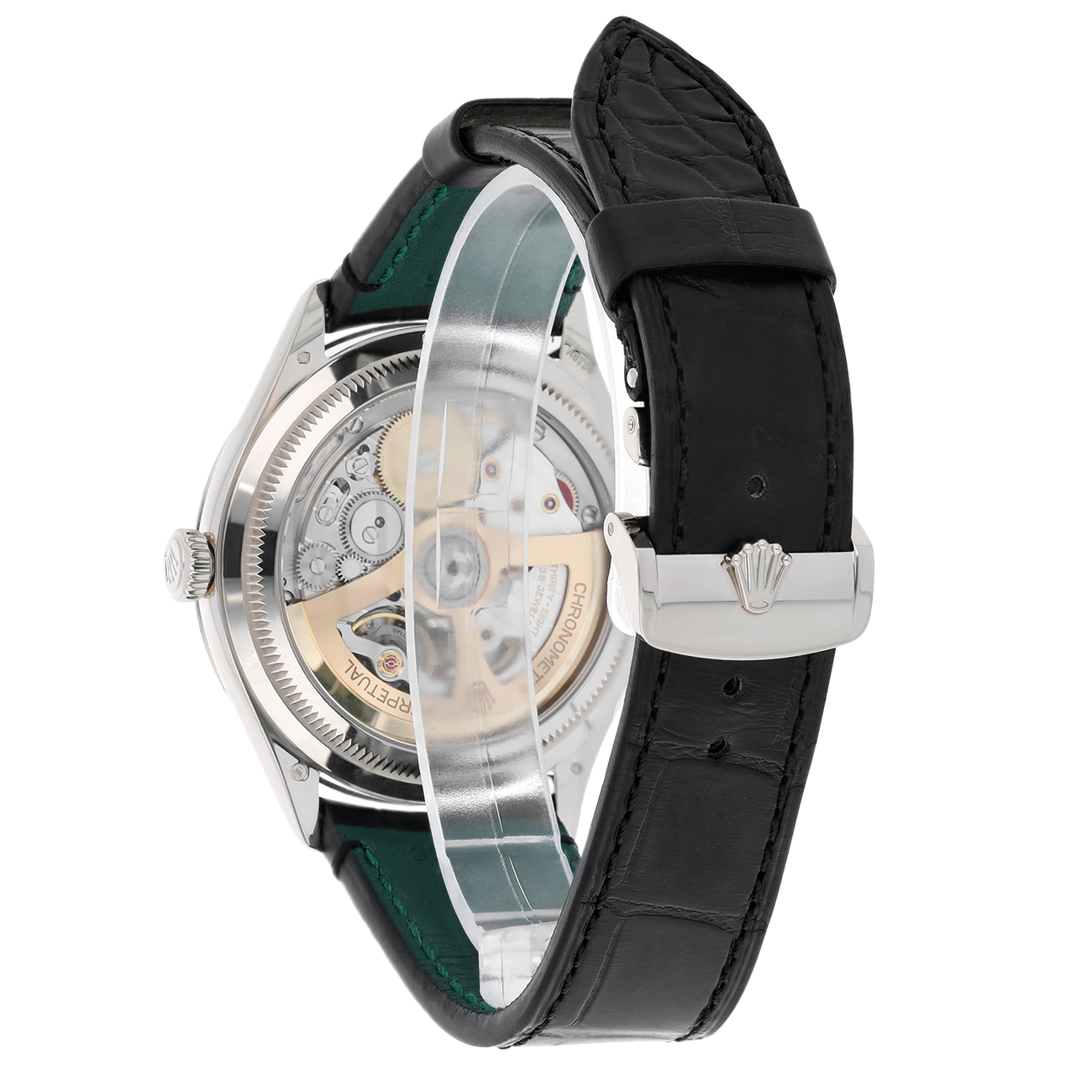 Rolex 1908 - M52509-0002 Alligator Leather Strap Domed And Fluted Bezel Black Index Arabic Dial White Gold Watch