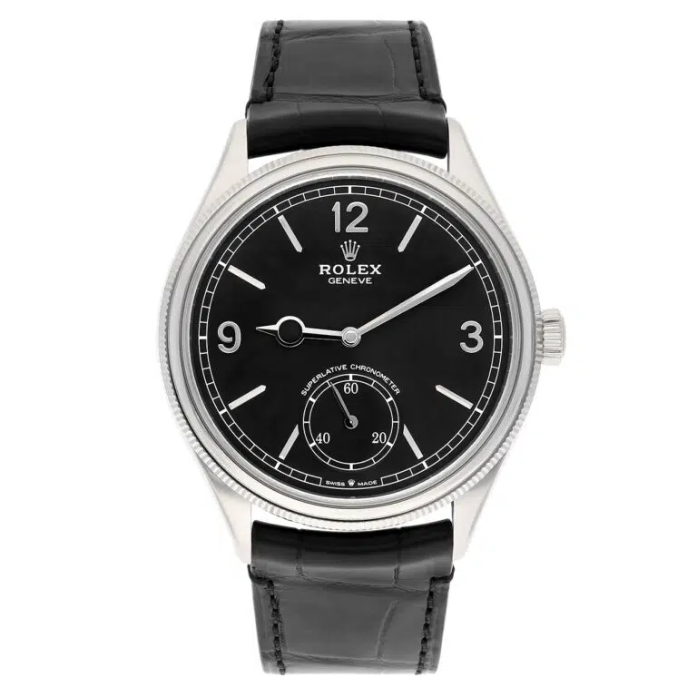 Rolex 1908 - 52509-0002 Alligator Leather Strap Domed And Fluted Bezel Black Index Arabic Dial White Gold Watch