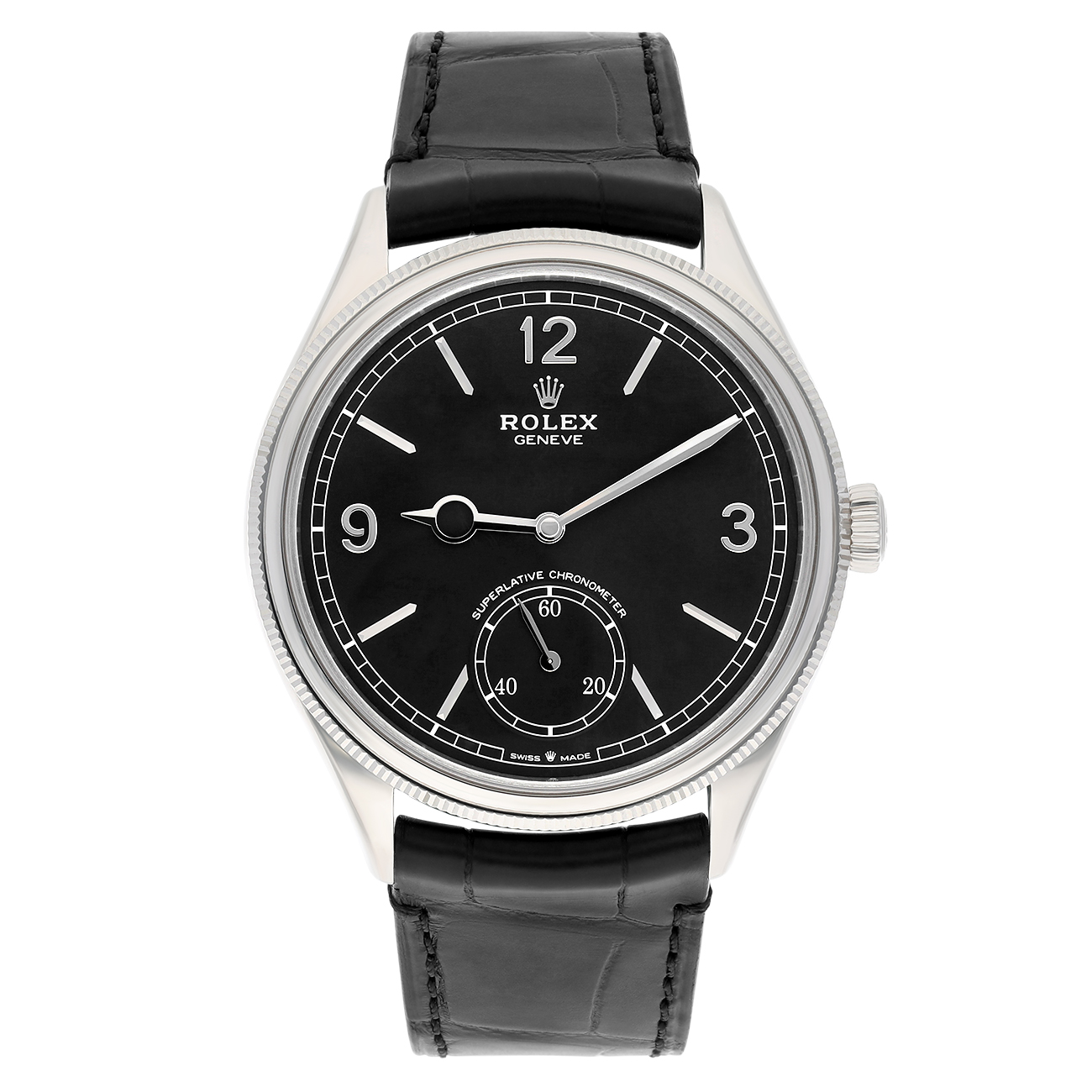 Rolex 1908 - M52509-0002 Alligator Leather Strap Domed And Fluted Bezel Black Index Arabic Dial White Gold Watch
