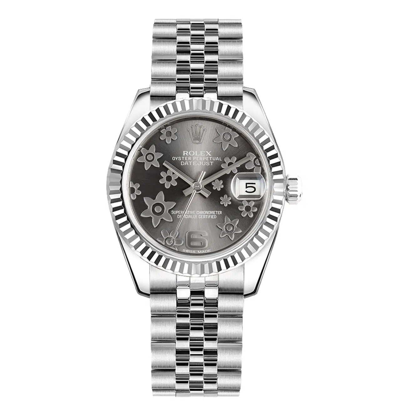 Rolex Datejust 31mm 178274 Grey Floral Motif Dial Fluted Bezel Stainless Steel Watch