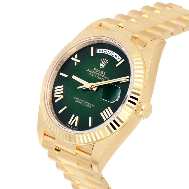Rolex Day-Date 40 228238-0069 Yellow Gold Fluted Bezel Green Dial Watch – image 7