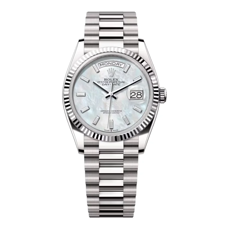 Rolex Day-Date 36 128239-0065 White Gold with White Mother of Pearl Diamond Dial