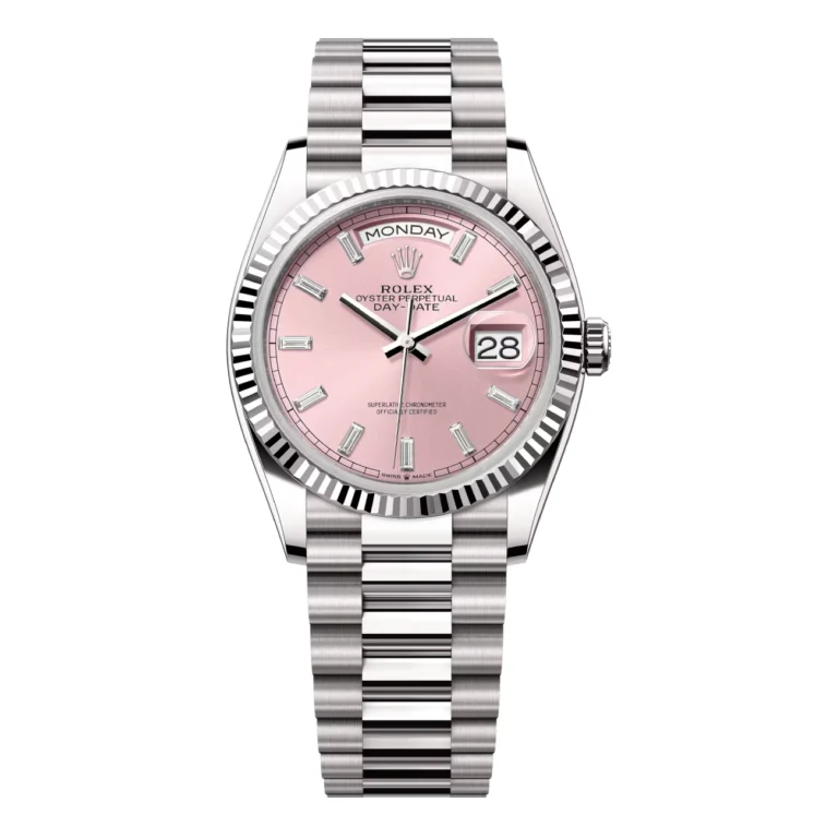Rolex Day-Date 36mm 128239-0071 White Gold Watch Pink Opal Dial