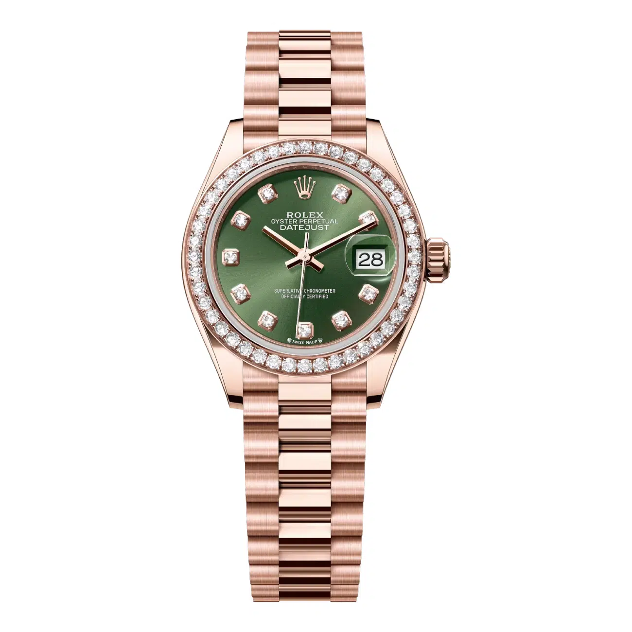 Rolex Lady-Datejust 279135RBR-0014 President Rose Gold Bracelet Diamond Bezel and Green Diamond Dial