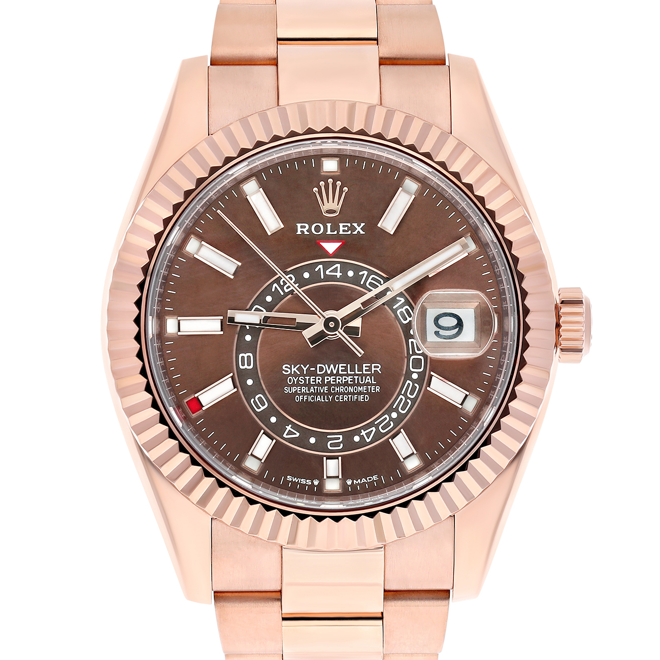 Rolex Sky-Dweller 336935-0006 Fluted Bezel Chocolate Index Dial Jubilee Bracelet Rose Gold Watch 2024