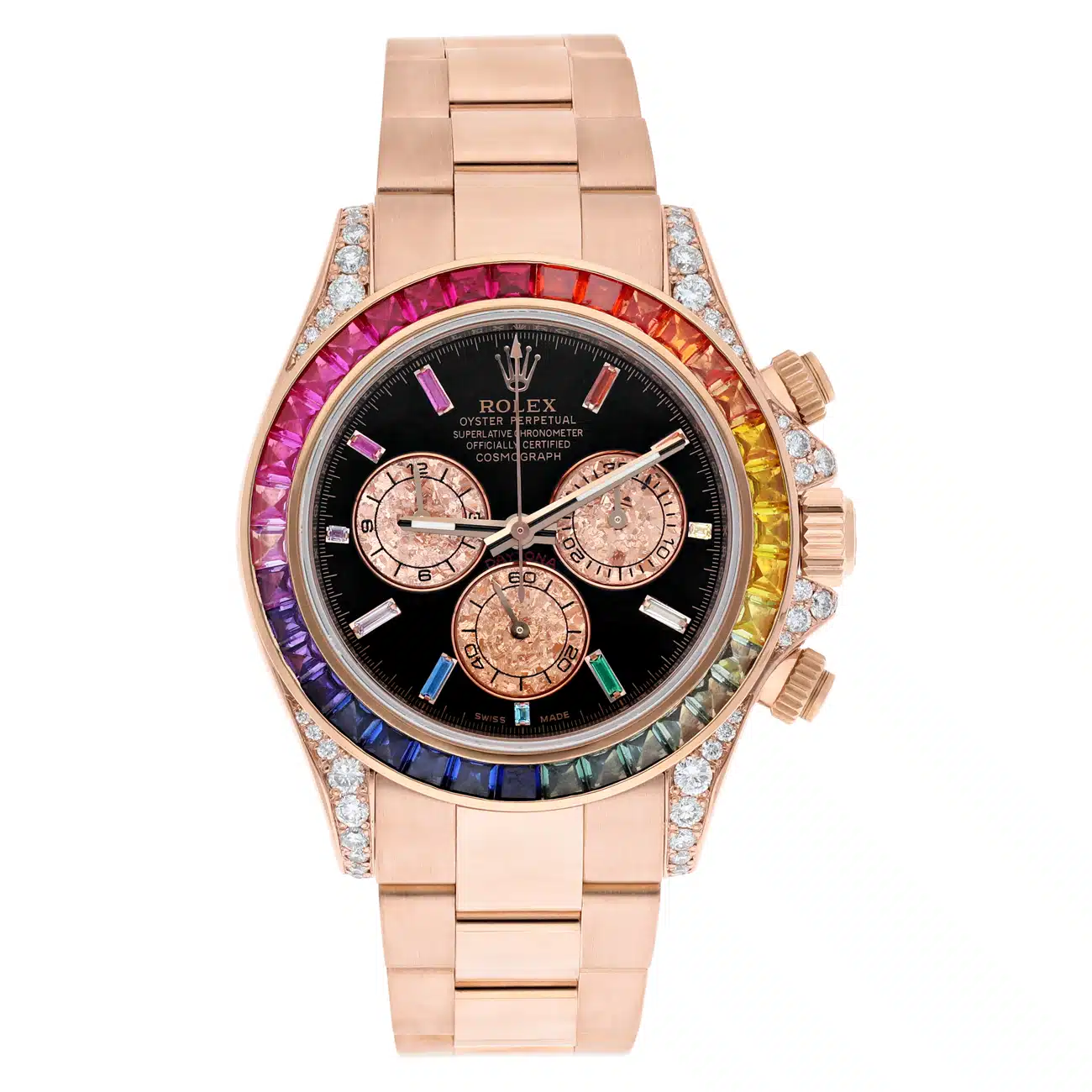 Rolex Cosmograph Daytona 116505 Rainbow Bezel Diamond Lugs Black Dial 18K Rose Gold Watch