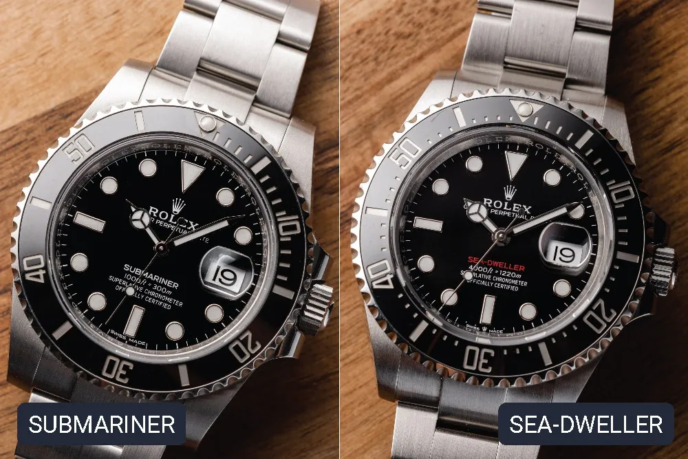 Close-up comparison of Rolex Submariner and Rolex Sea-Dweller watches side by side on wooden surface.