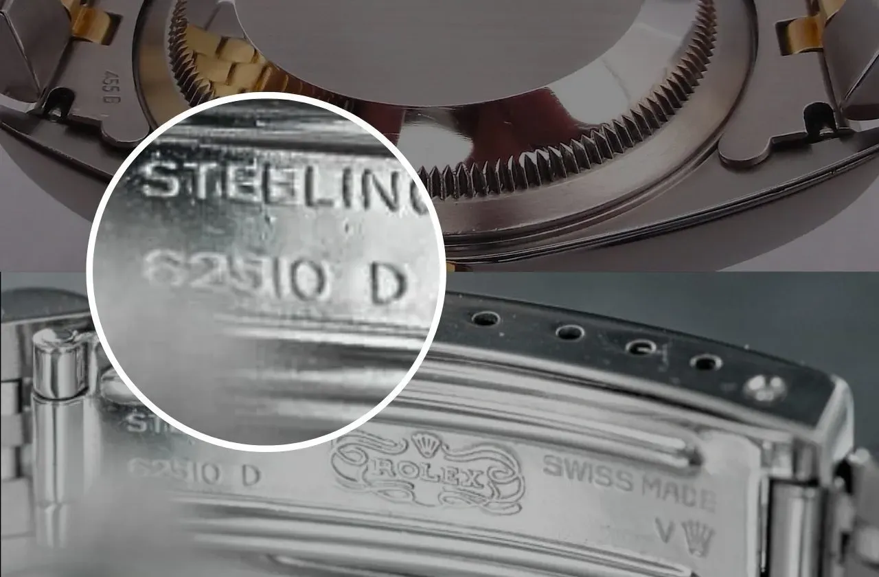 Close-up of Rolex watch clasp showing model number 62510 D and Swiss Made engraving with Rolex logo.
