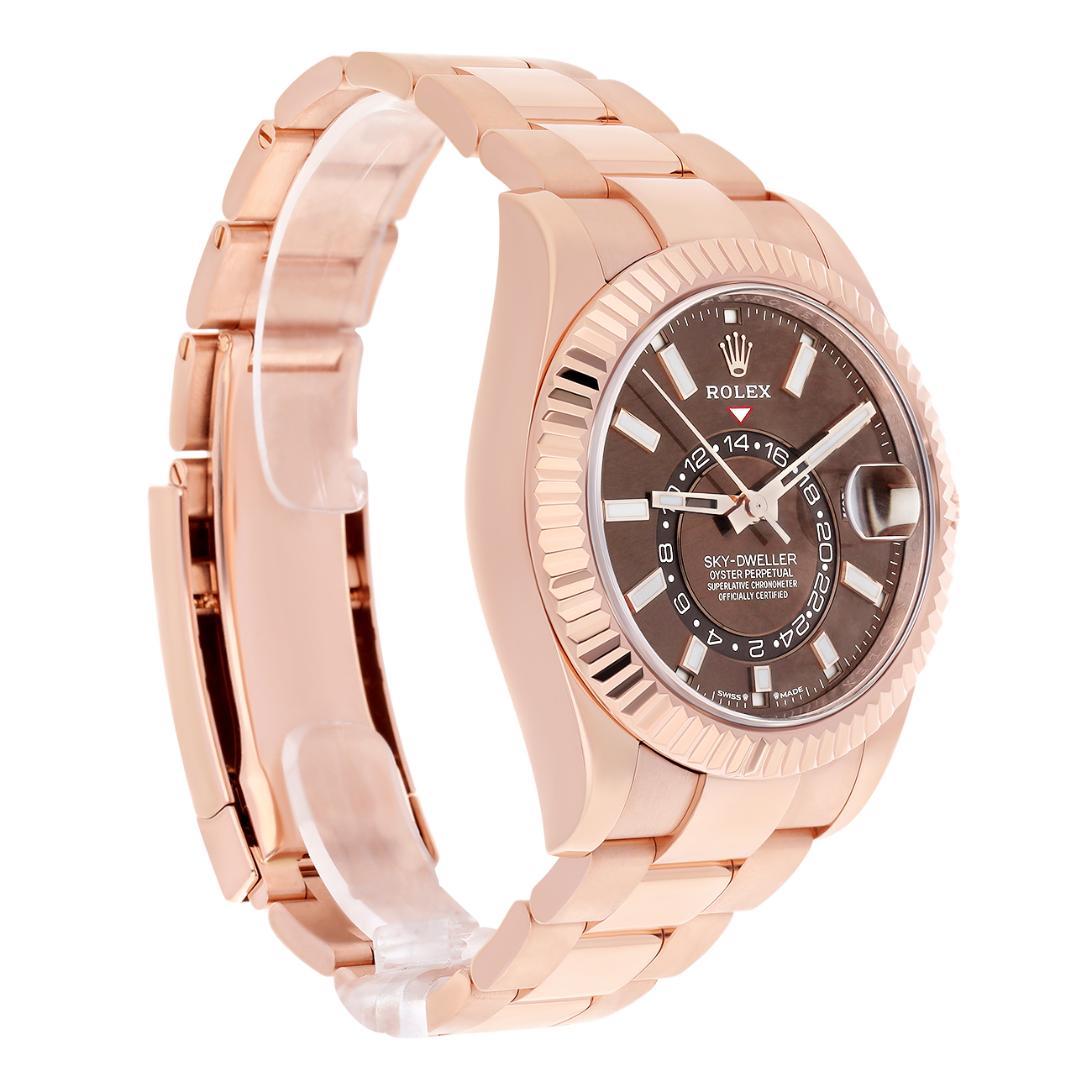 Rolex Sky-Dweller 336935-0006 Fluted Bezel Chocolate Index Dial Jubilee Bracelet Rose Gold Watch 2024