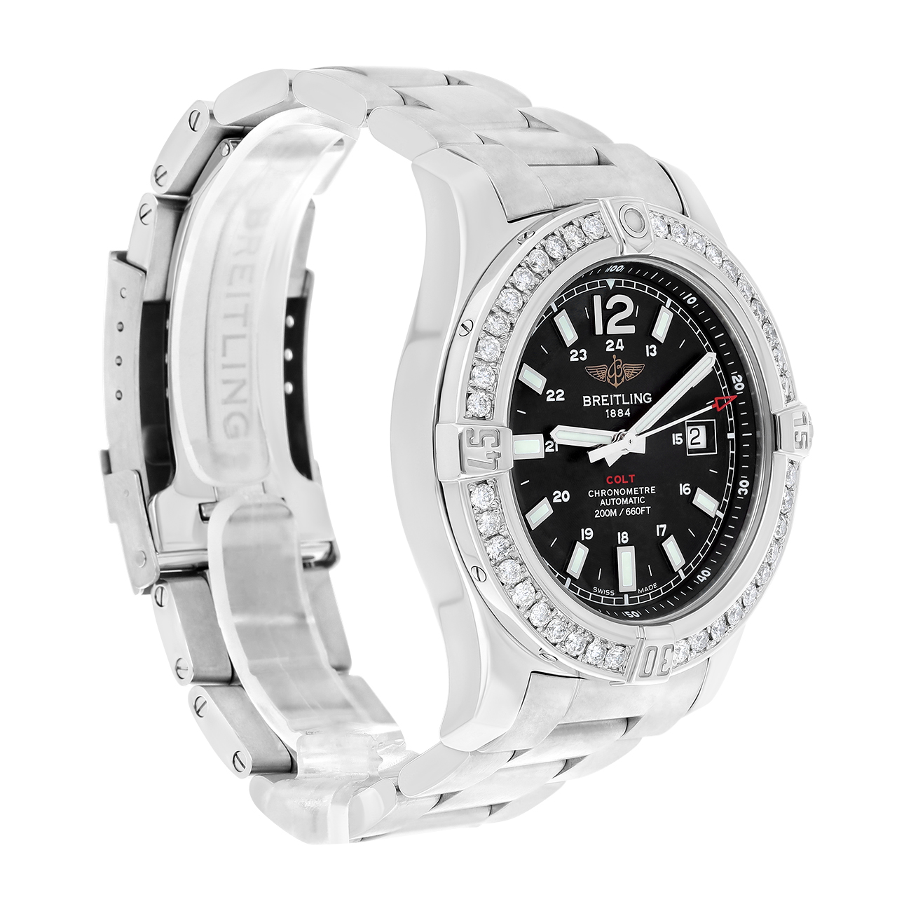 Breitling Colt A1738811/BD44 Black Dial Custom Diamond Bezel Stainless Steel Watch