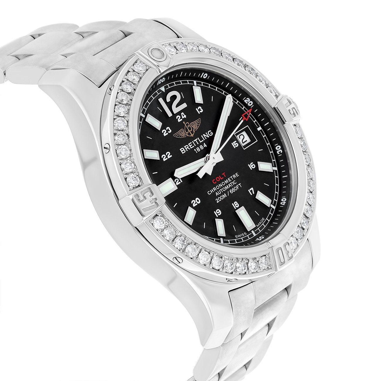 Breitling Colt A1738811/BD44 Black Dial Custom Diamond Bezel Stainless Steel Watch