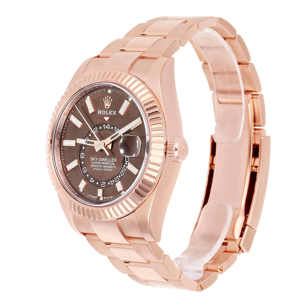 Rolex Sky-Dweller 336935-0006 Fluted Bezel Chocolate Index Dial Jubilee Bracelet Rose Gold Watch 2024