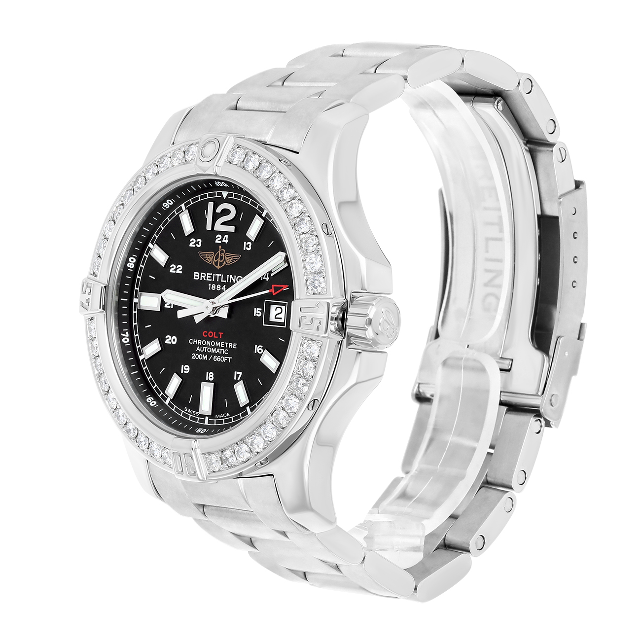 Breitling Colt A1738811/BD44 Black Dial Custom Diamond Bezel Stainless Steel Watch