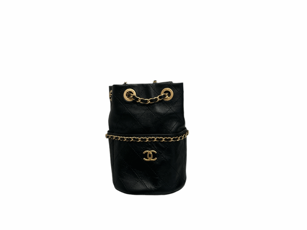 Chanel - Shiny Lambskin Quilted Chain Bucket Bag Black