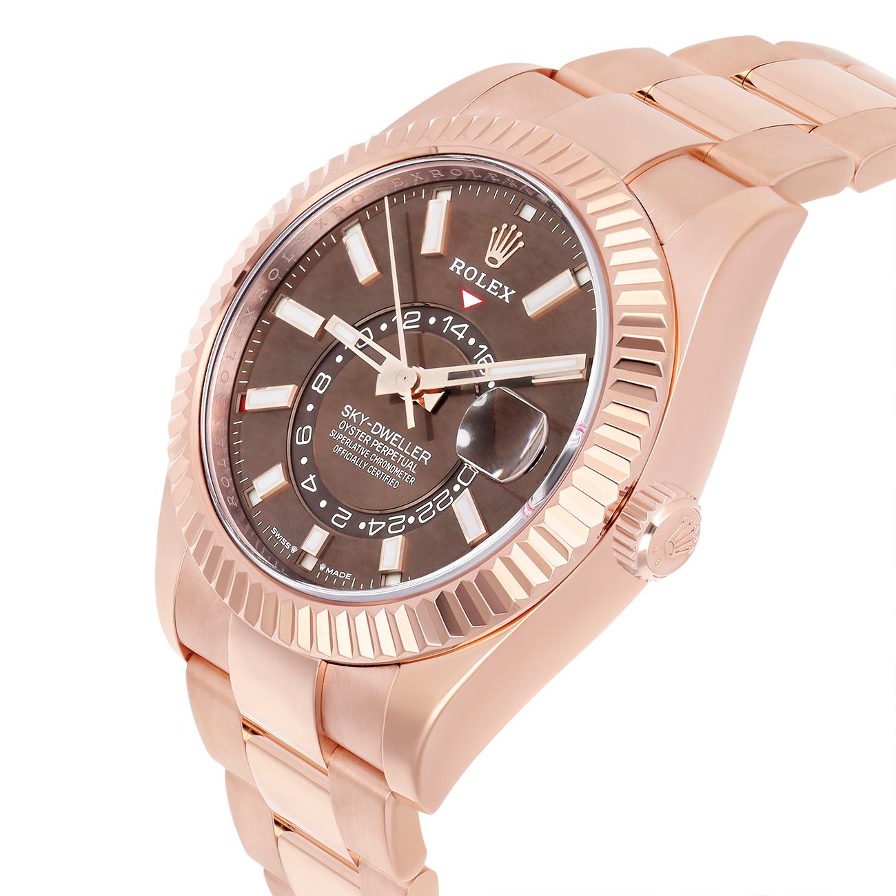 Rolex Sky-Dweller 336935-0006 Fluted Bezel Chocolate Index Dial Jubilee Bracelet Rose Gold Watch 2024
