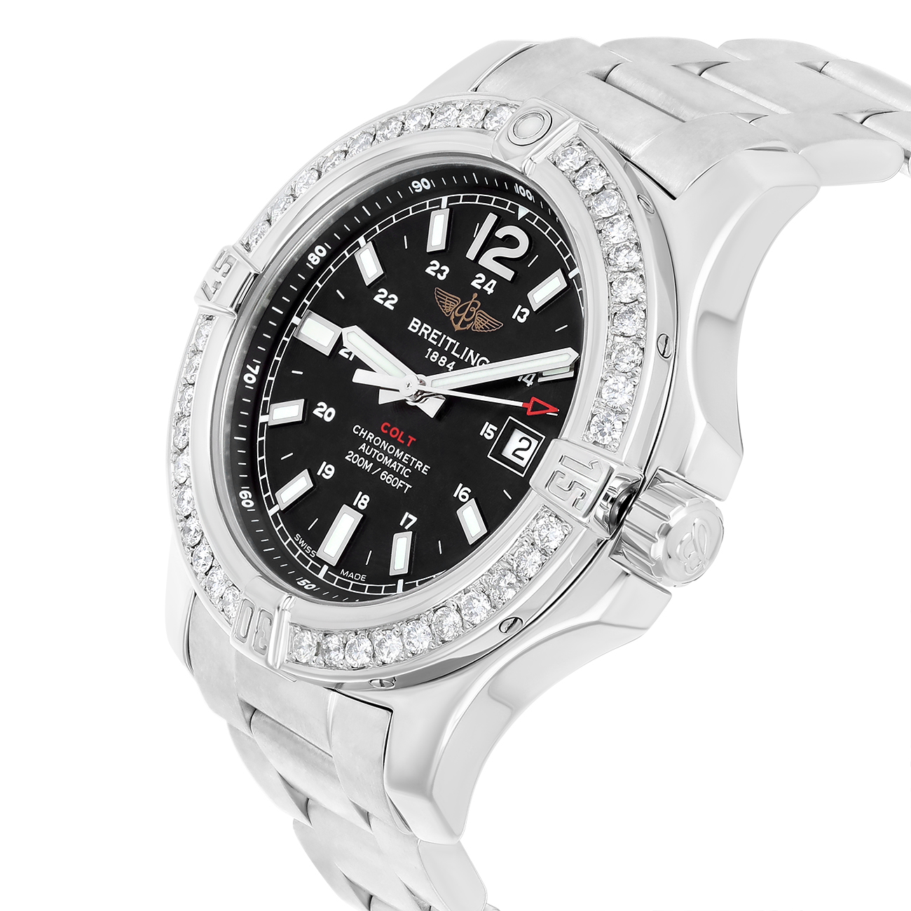 Breitling Colt A1738811/BD44 Black Dial Custom Diamond Bezel Stainless Steel Watch