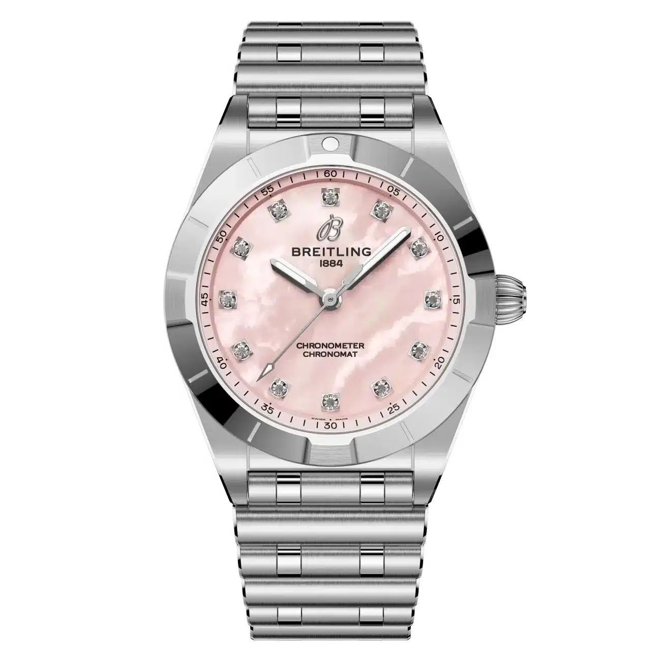 Breitling Chronomat A72310101K1A1 28mm Pink Diamond Dial Fixed Bezel Stainless Steel Watch