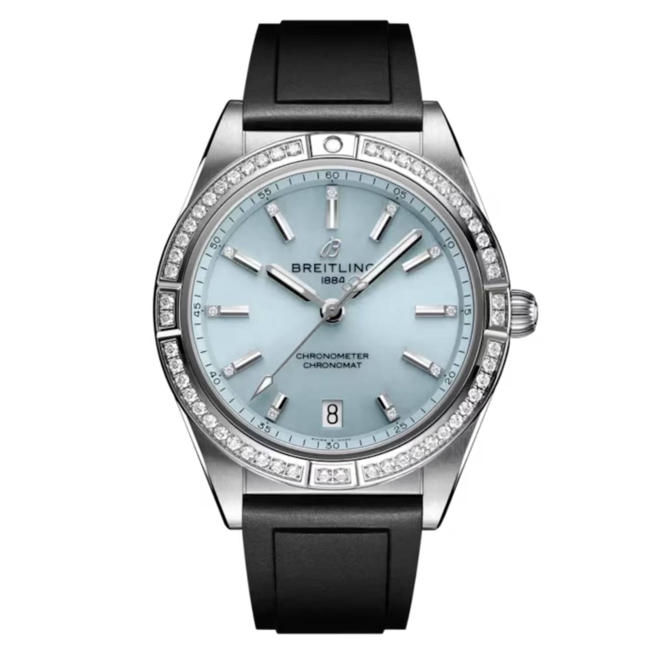Breitling Chronomat Automatic G10380591C1S1 36mm Ice Blue Dial Uni-Directional Ratcheted Bezel Stainless Steel & 18k White Gold (Gem-set) with Black Rubber Strap Watch