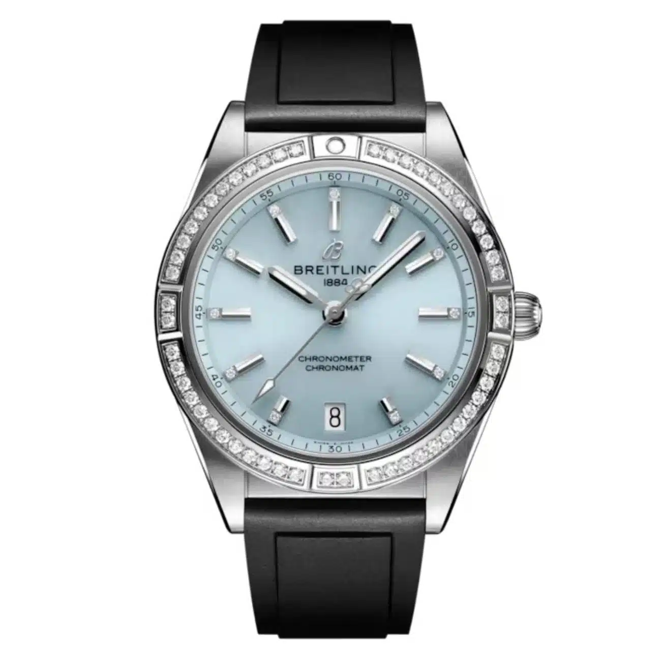 Breitling Chronomat Automatic G10380591C1S1 36mm Ice Blue Dial Uni-Directional Ratcheted Bezel Stainless Steel & 18k White Gold (Gem-set) with Black Rubber Strap Watch
