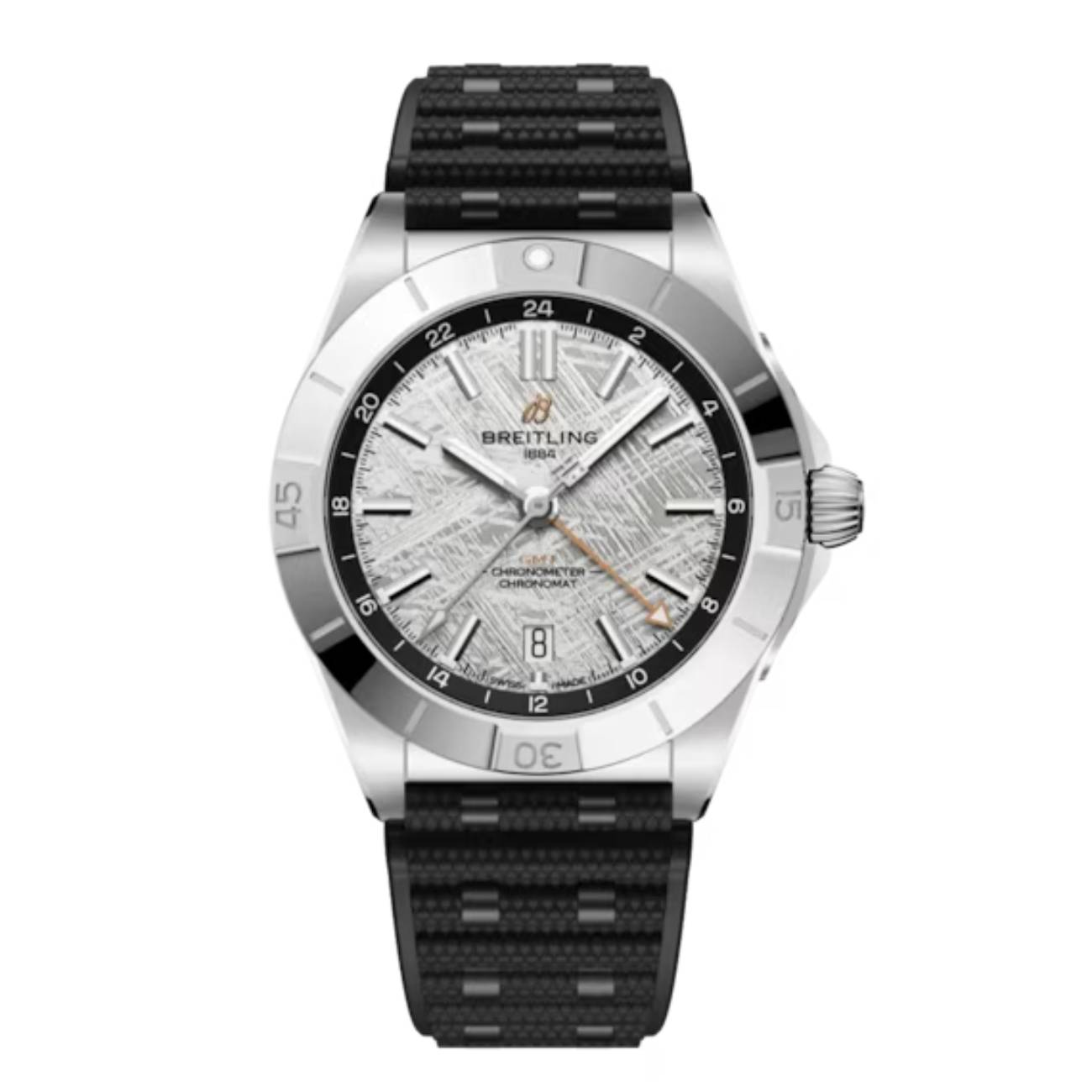 Breitling Chronomat Automatic GMT P323982A1F1S1 40mm Meteorite Dial Uni-Directional Ratcheted Bezel Stainless Steel and Platinum with Black Rubber Strap Watch