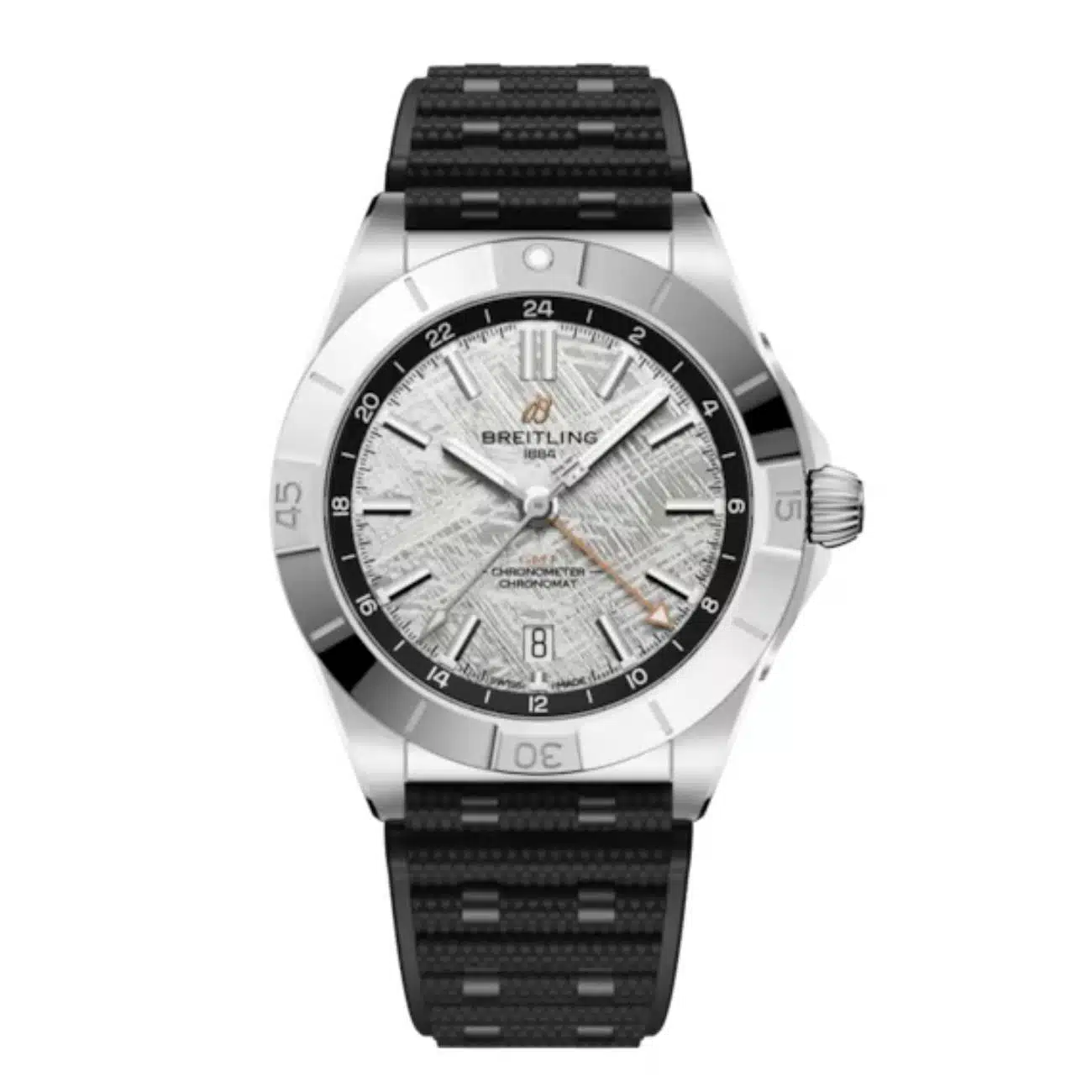 Breitling Chronomat Automatic GMT P323982A1F1S1 40mm Meteorite Dial Uni-Directional Ratcheted Bezel Stainless Steel and Platinum with Black Rubber Strap Watch
