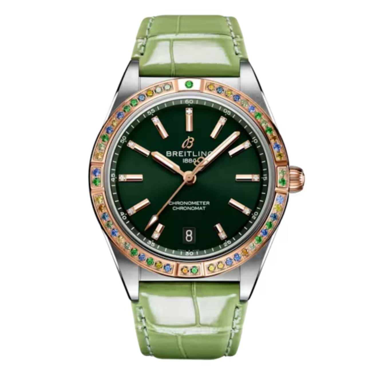 Breitling Chronomat Automatic South Sea U10380611L1P1 36mm Deep Green Dial Fixed Diamond Bezel Stainless Steel/18k Red Gold(Gem-set) with Green Alligator Leather Strap Watch