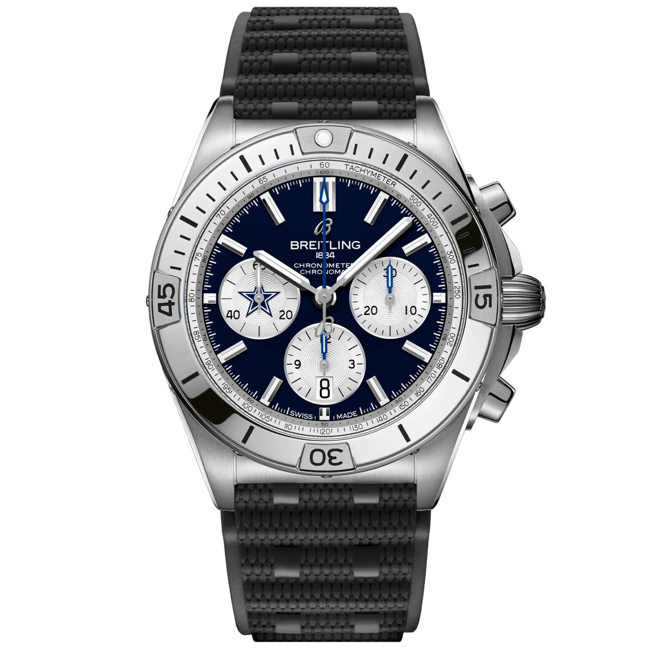 Breitling Chronomat B01 AB01342B1C1S1 NFL Dallas Cowboys Edition 42mm Blue Dial Unidirectional Ratcheted Rotating Bezel Stainless Steel with Black Rubber Strap Watch