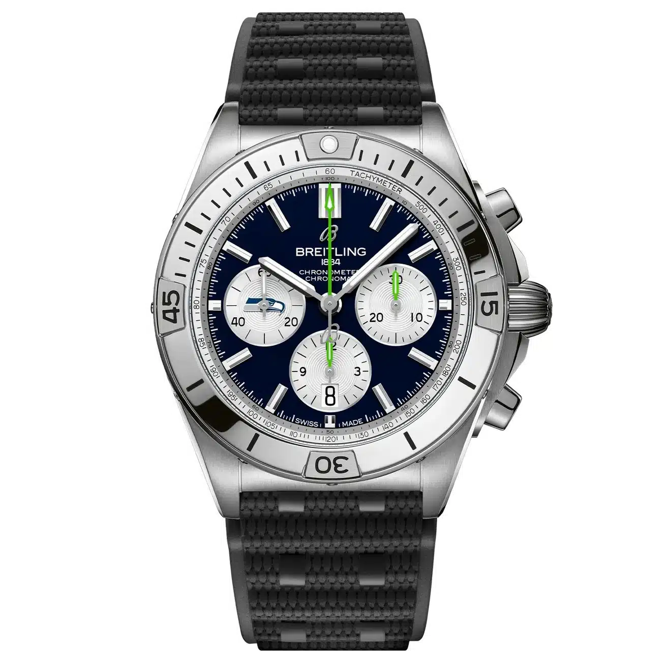Breitling Chronomat B01 AB01342B1C4S1 NFL Seattle Seahawks Edition 42mm Blue Dial Uni-directional Bezel Stainless Steel With Black Rubber Watch