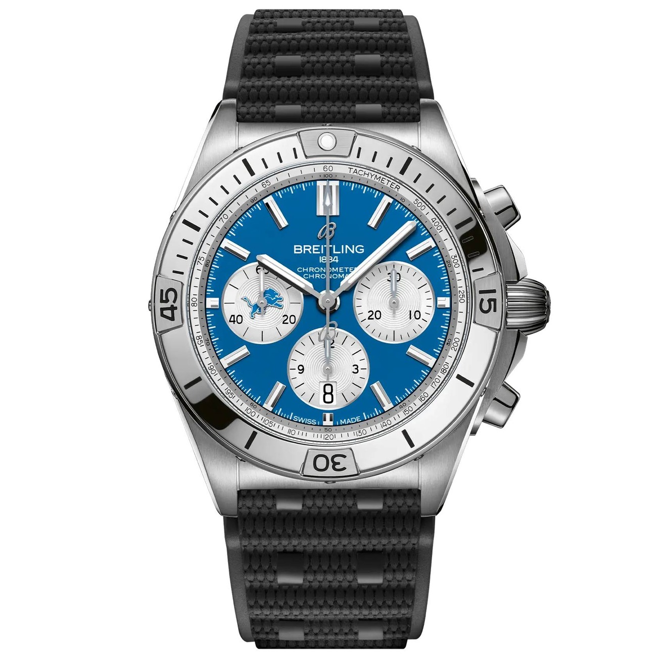 Breitling Chronomat B01 AB01342B1CCS1 NFL Detroit Lions Edition 42mm Blue Dial Unidirectional Ratcheted Rotating Bezel Stainless Steel with Black Rubber Strap Watch