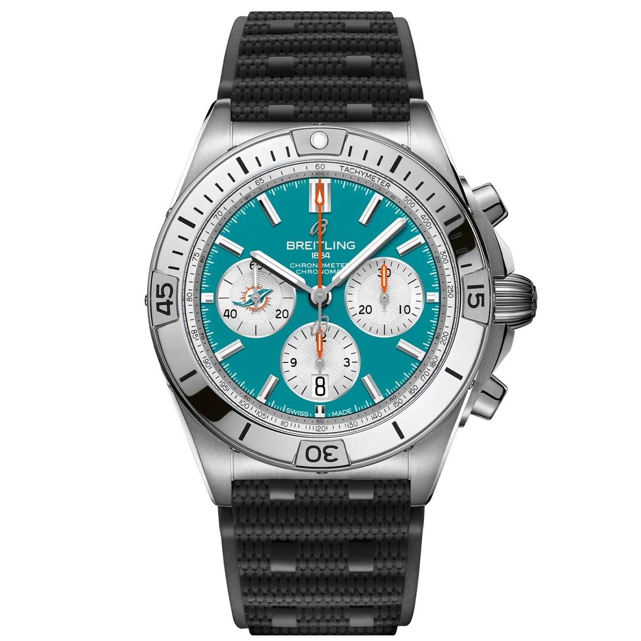 Breitling Chronomat B01 AB01342B1L2S1 NFL  Miami Dolphins Edition 42mm Aqua‑Teal Dial Unidirectional Ratcheted Rotating Bezel Stainless Steel with Black Rubber Strap Watch