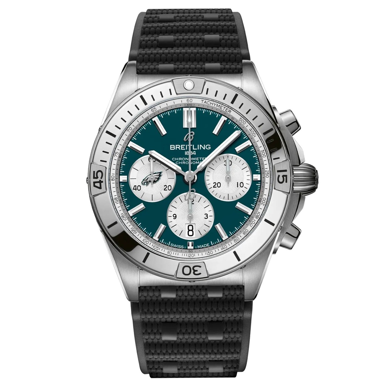 Breitling Chronomat B01 AB01342B1L4S1 NFL Philadelphia Eagles Edition 42mm Green Dial Unidirectional Ratcheted Rotating Bezel Stainless Steel with Black Rubber Strap Watch