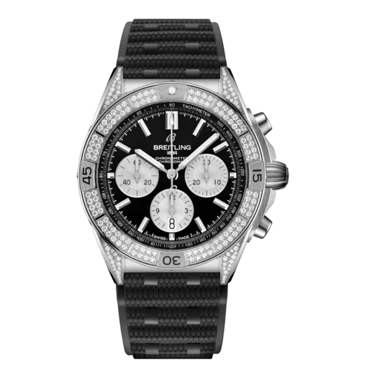 Breitling Chronomat B01 AB0134721B1S2 42mm Black Dial Unidirectional Ratcheted Rotating Bezel Stainless Steel (Gem-set) With Black Rubber Strap Watch
