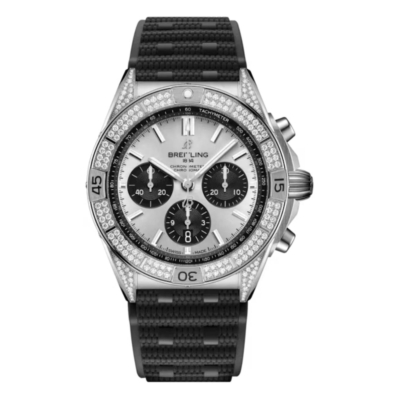 Breitling Chronomat B01 AB0134721G1S2 42mm Silver Dial Unidirectional Ratcheted Rotating Bezel Stainless Steel (Gem-set) With Black Rubber Strap Watch