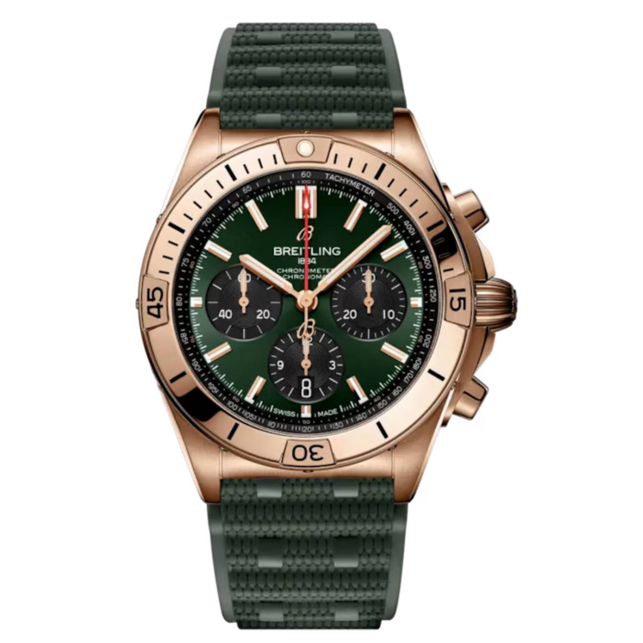 Breitling Chronomat B01 RB0134101L1S1 42mm Green Dial Unidirectional Ratcheted Rotating Bezel 18k Red Gold With Green Rubber Strap Watch