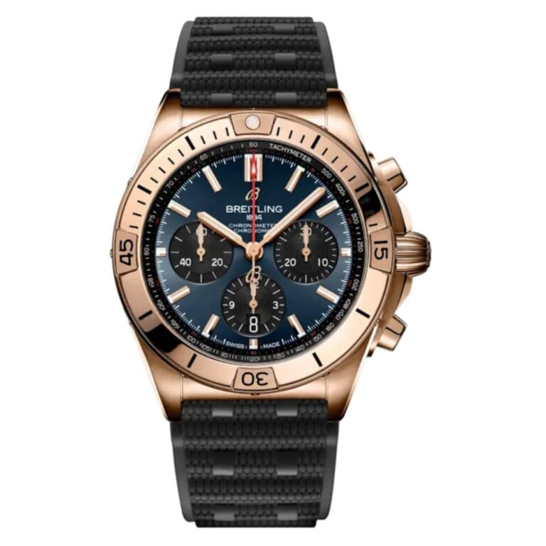 Breitling Chronomat B01 RB01343A1C1S1 42mm Blue Dial Unidirectional Ratcheted Rotating Bezel 18k Red Gold With Black Rubber