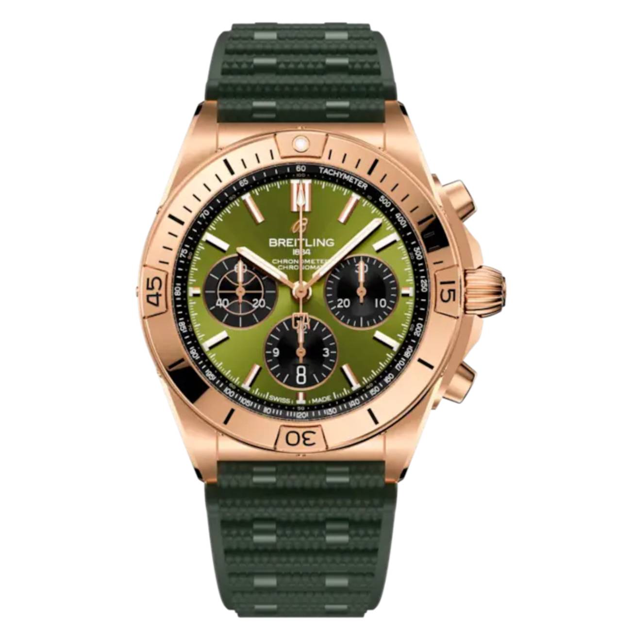 Breitling Chronomat B01 RB01344A1L1S1 42mm Green Dial Unidirectional Ratcheted Rotating Bezel 18k Red Gold With Green Rubber Strap Watch