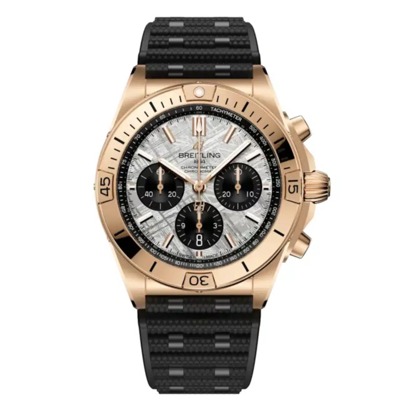 Breitling Chronomat B01 RB01347A1F1S1 42mm Grey Dial Unidirectional Ratcheted Rotating Bezel 18k Red Gold With Black Rubber Strap Watch
