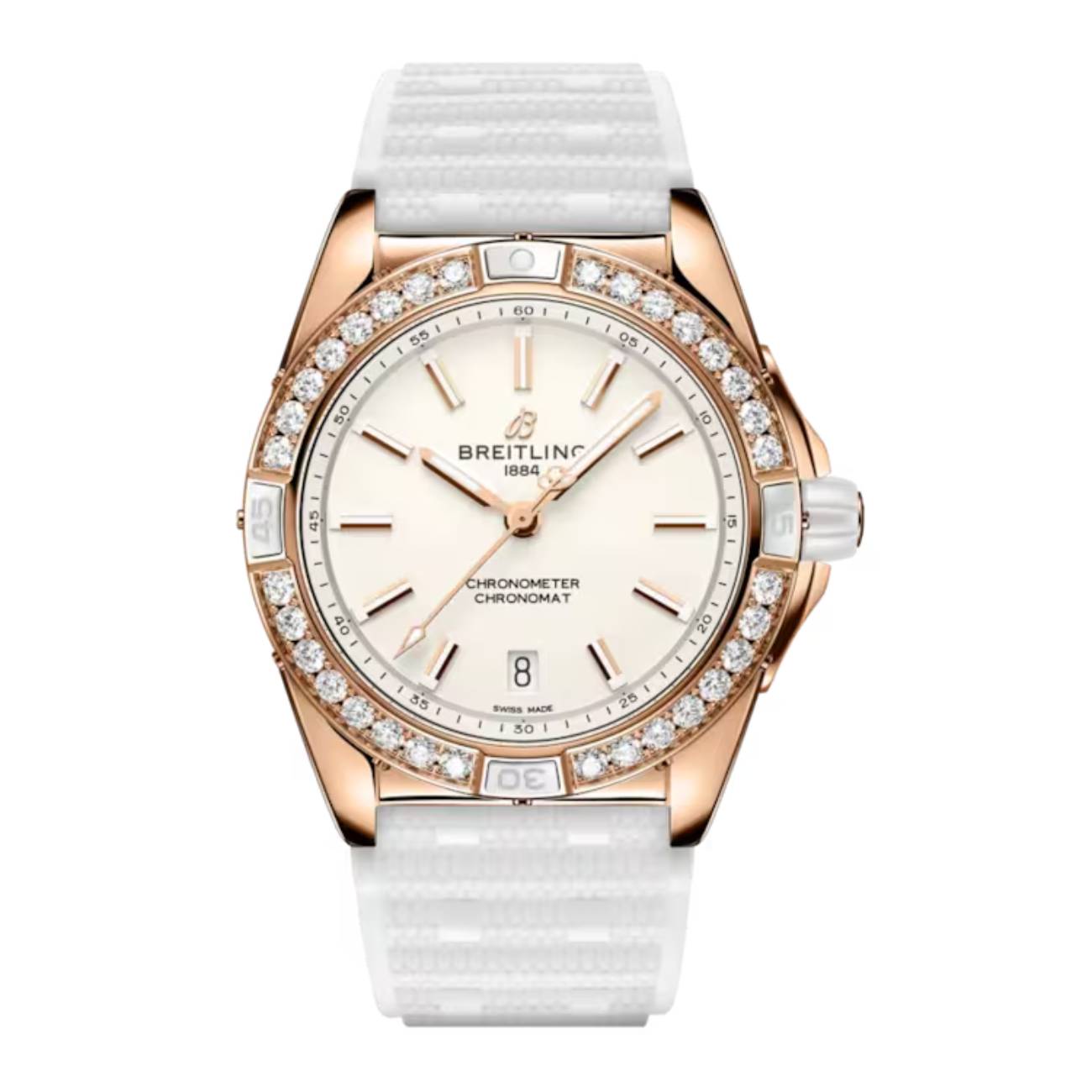 Breitling Chronomat R17356531G1S1 38mm White Dial Unidirectional Rotating Bezel 18k Red Gold (Gem Set) with White Rubber Strap Watch