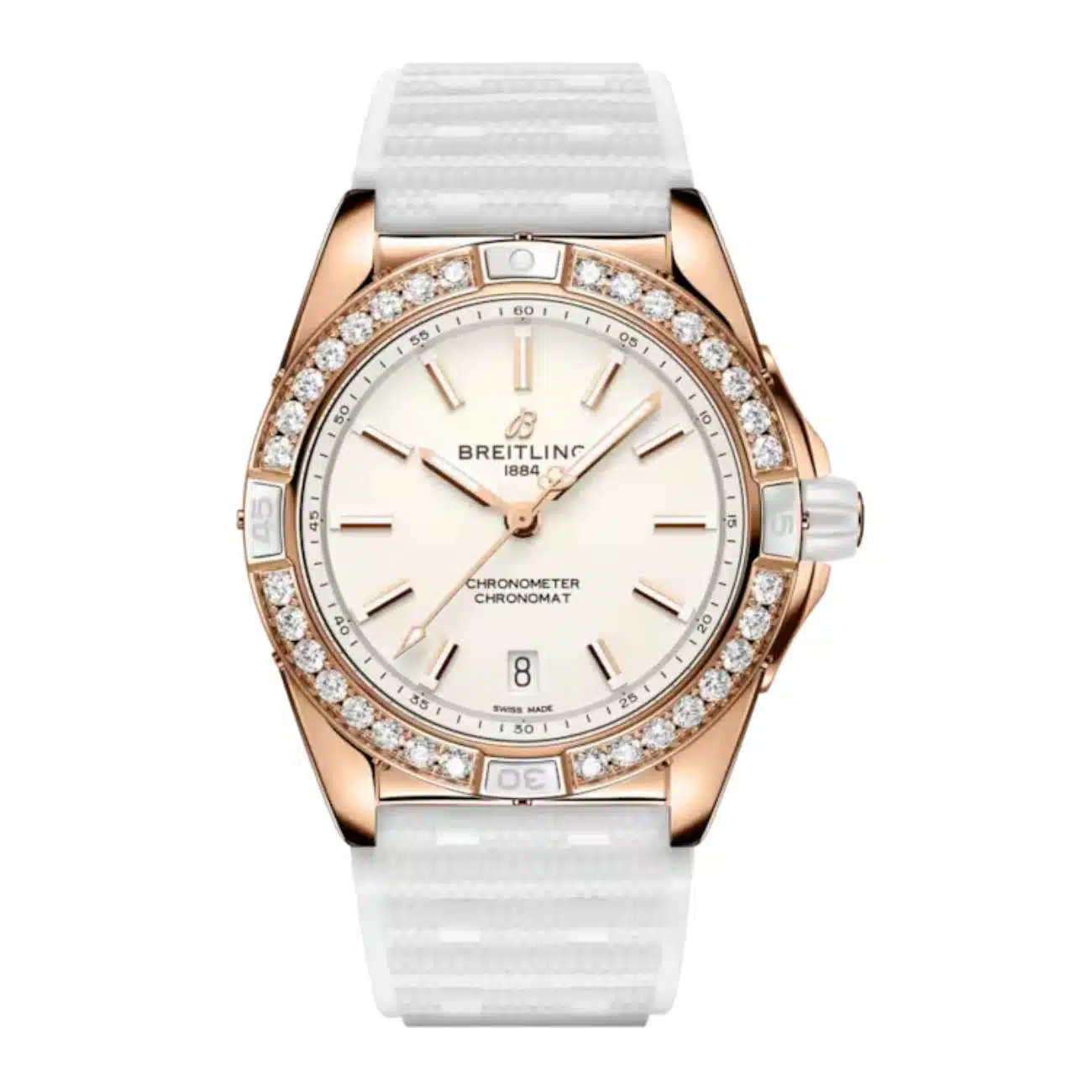 Breitling Chronomat R17356531G1S1 38mm White Dial Unidirectional Rotating Bezel 18k Red Gold (Gem Set) with White Rubber Strap Watch
